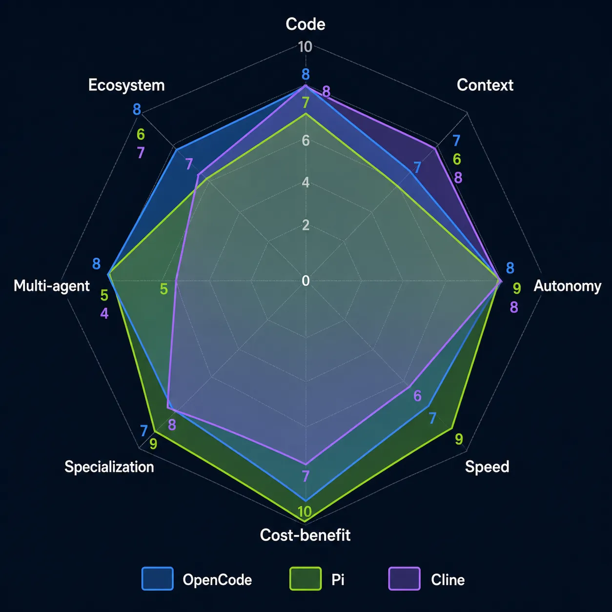 Gráfico radar comparando OpenCode, Pi e Cline em 8 eixos de avaliação de agentes de codificação