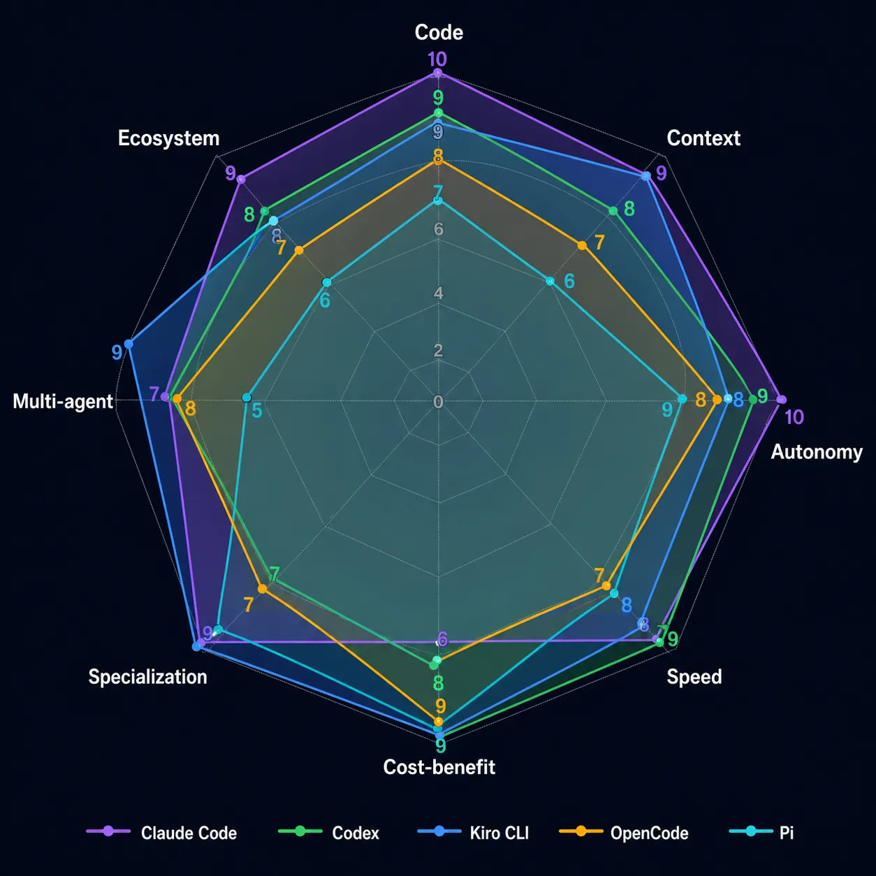 Gráfico radar comparando Claude Code, Codex CLI, Kiro CLI, OpenCode e Pi em 8 eixos de avaliação