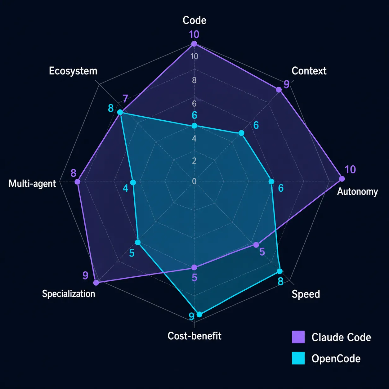 Gráfico radar comparando Claude Code e OpenCode em 8 eixos de avaliação — Claude Code lidera em Código, Contexto e Autonomia; OpenCode lidera em Velocidade, Custo-benefício e Ecossistema