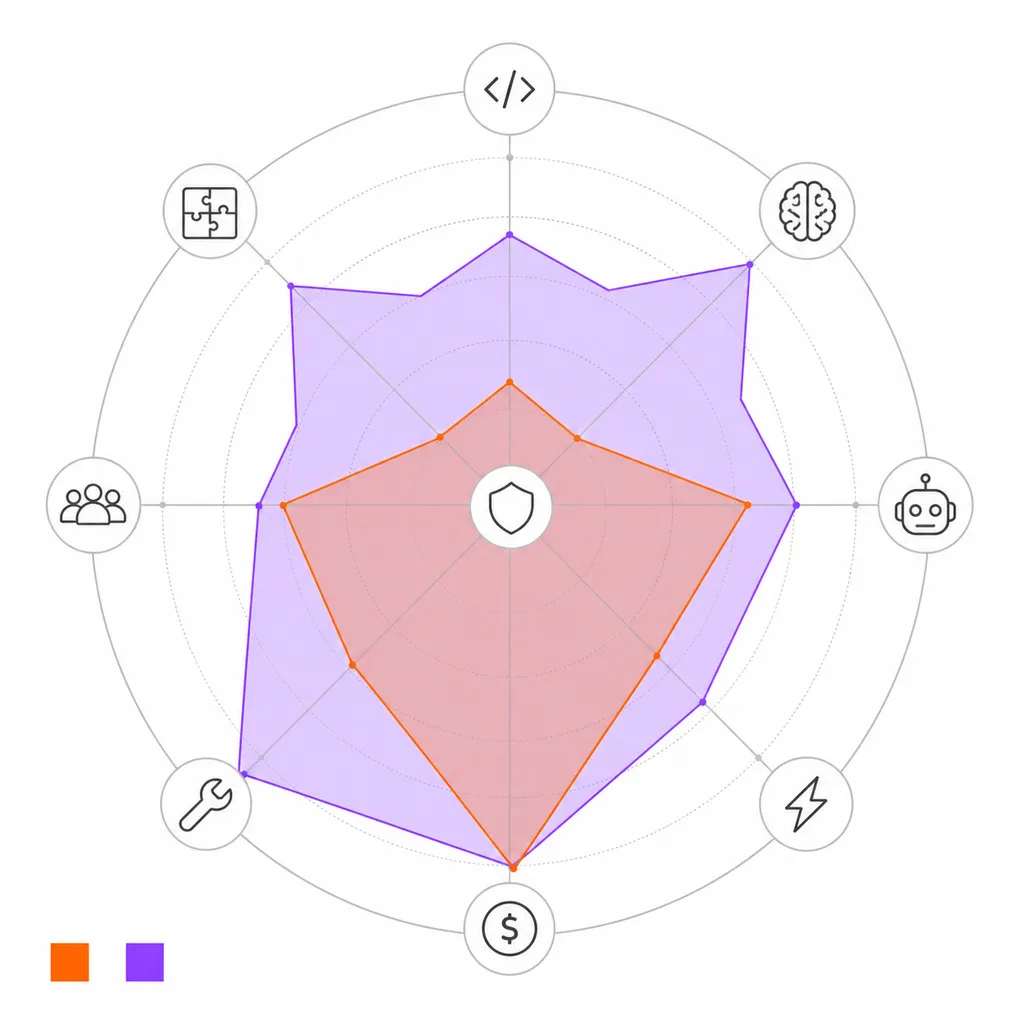 Spider chart comparativo mostrando Hermes Agent (roxo) superior em contexto, skills, custo e ecossistema versus Kiro Crew (laranja) superior em governança