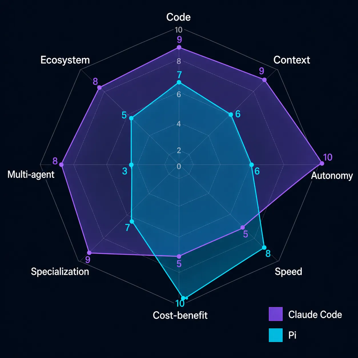 Gráfico radar comparando Claude Code e Pi em 8 eixos: Claude Code lidera em autonomia e multi-agente, Pi lidera em custo-benefício