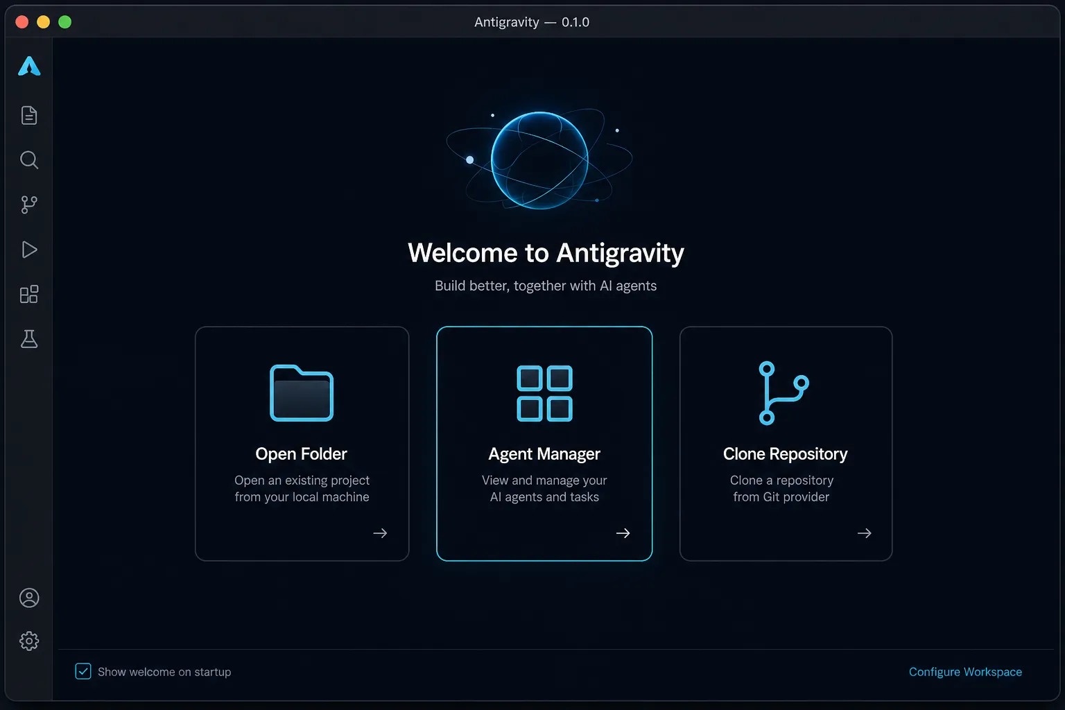 Mockup da tela de boas-vindas do Google Antigravity mostrando opções de abrir pasta, Agent Manager ou clonar repositório