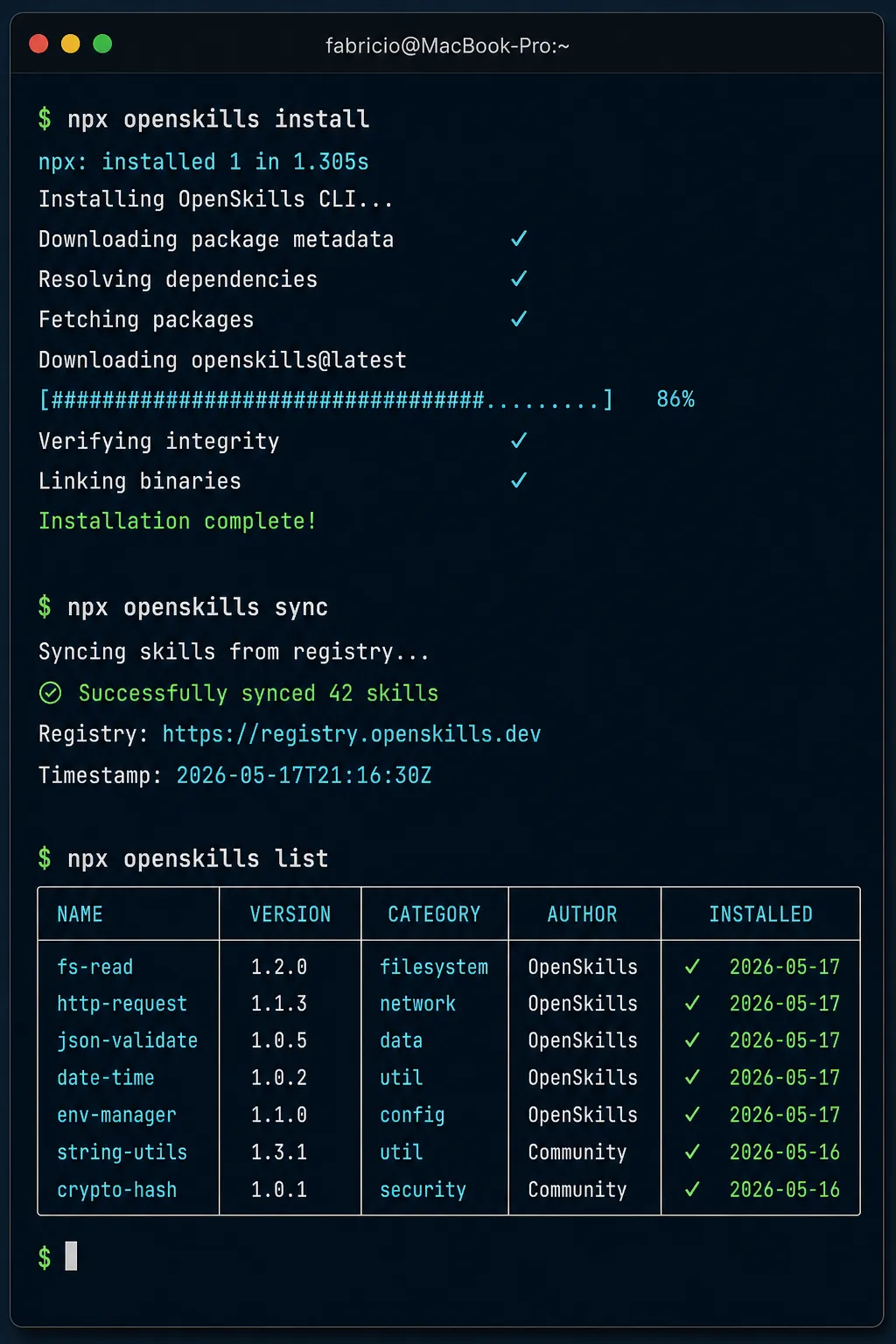 Terminal mostrando comandos do OpenSkills CLI instalando e sincronizando skills com sucesso