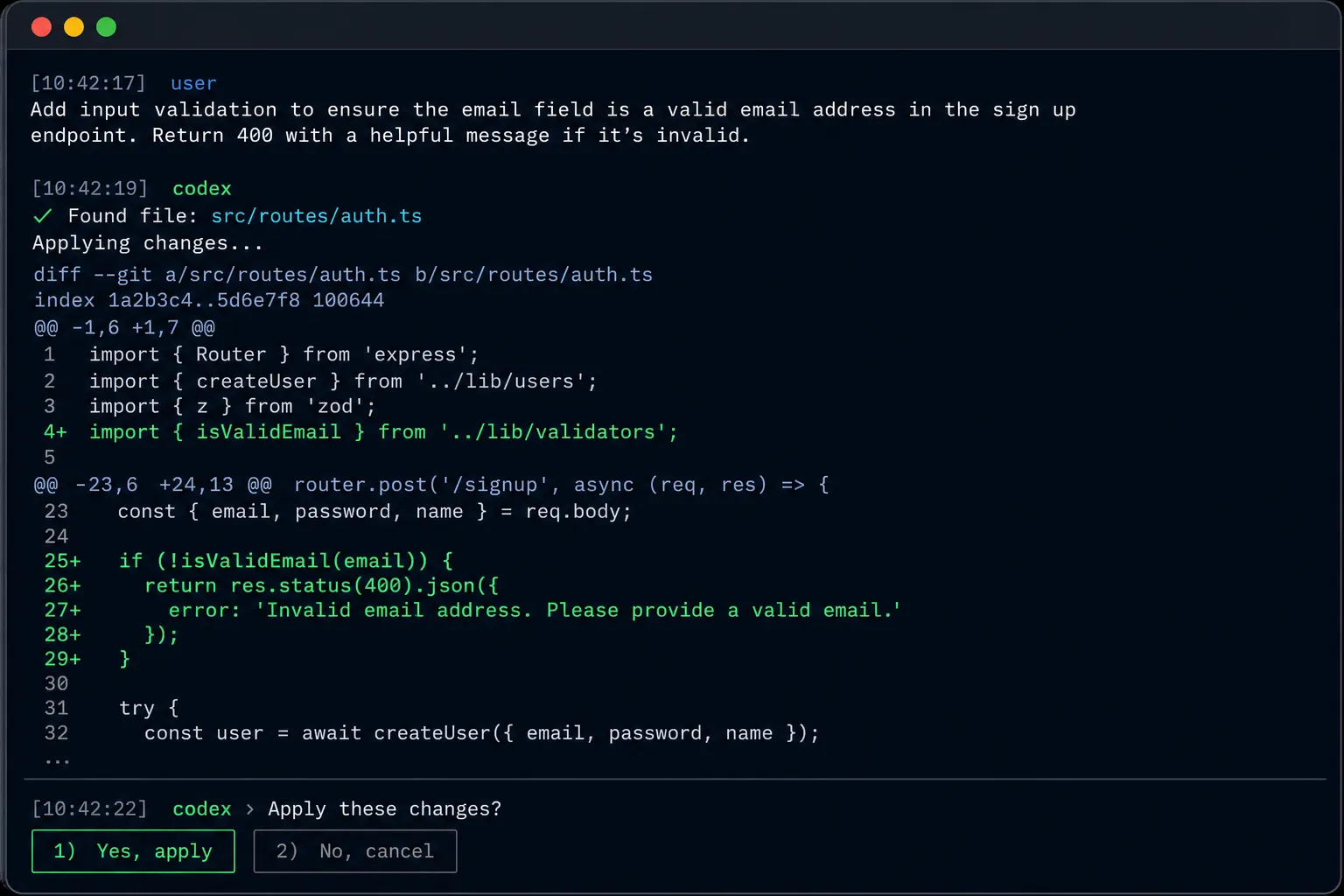 Mockup do terminal mostrando o Codex CLI adicionando validação de email com diff e prompt de aprovação