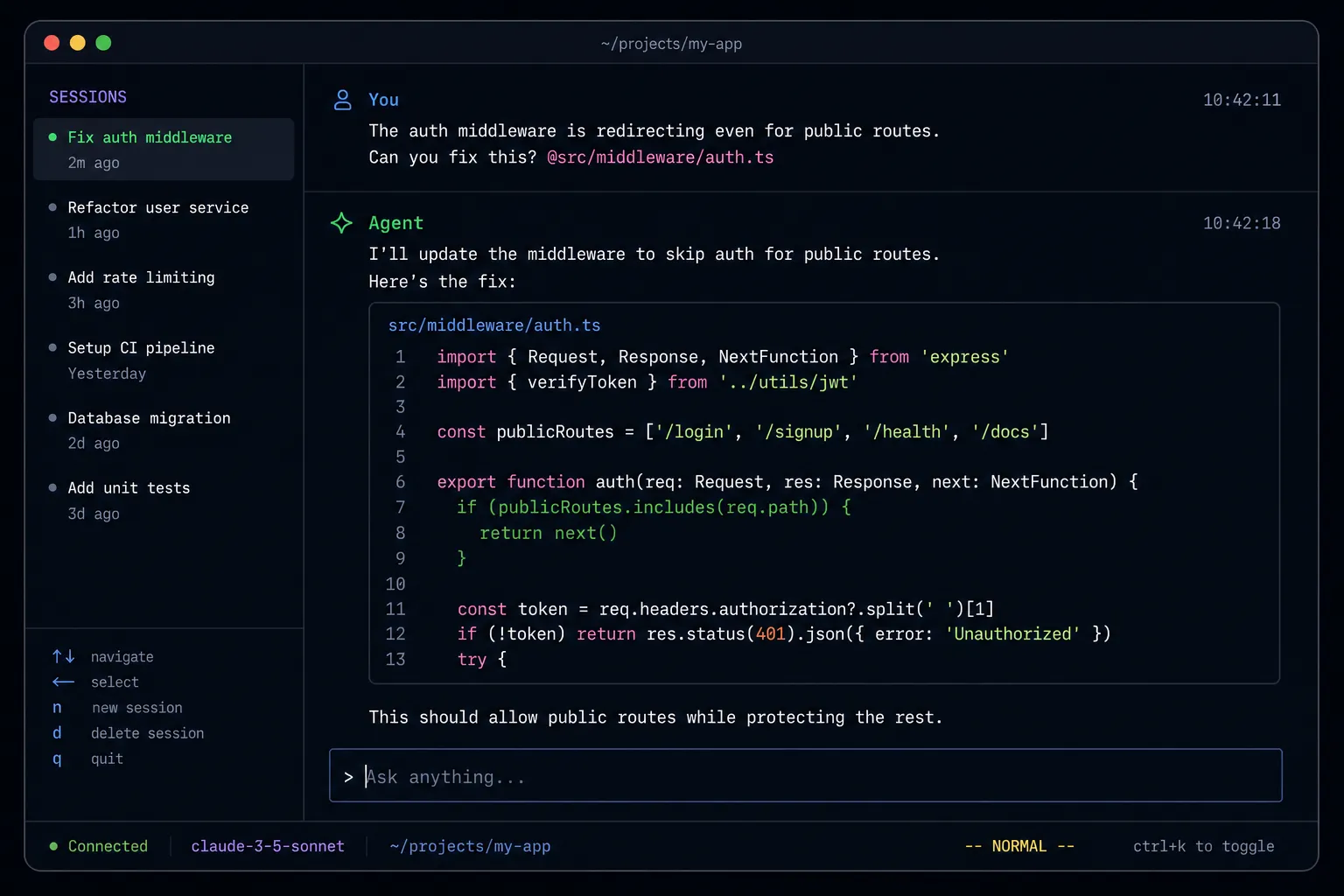 Mockup da interface TUI do OpenCode mostrando uma sessão de análise de código com fuzzy search de arquivos