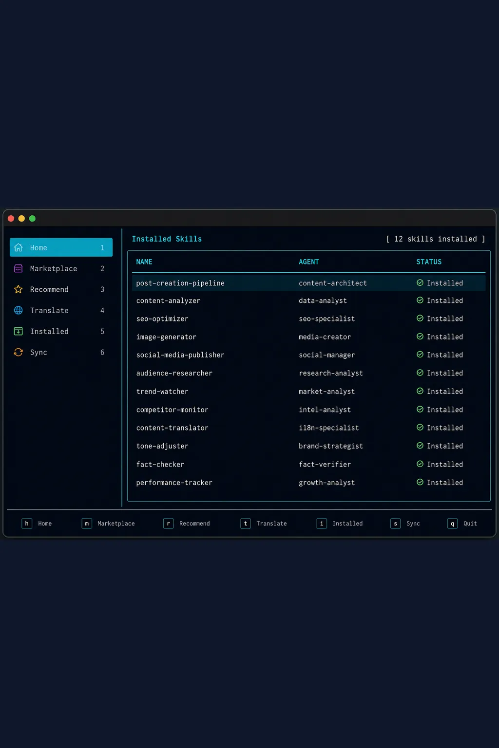 Interface TUI interativa do SkillKit mostrando skills instaladas e menu de navegação por atalhos de teclado