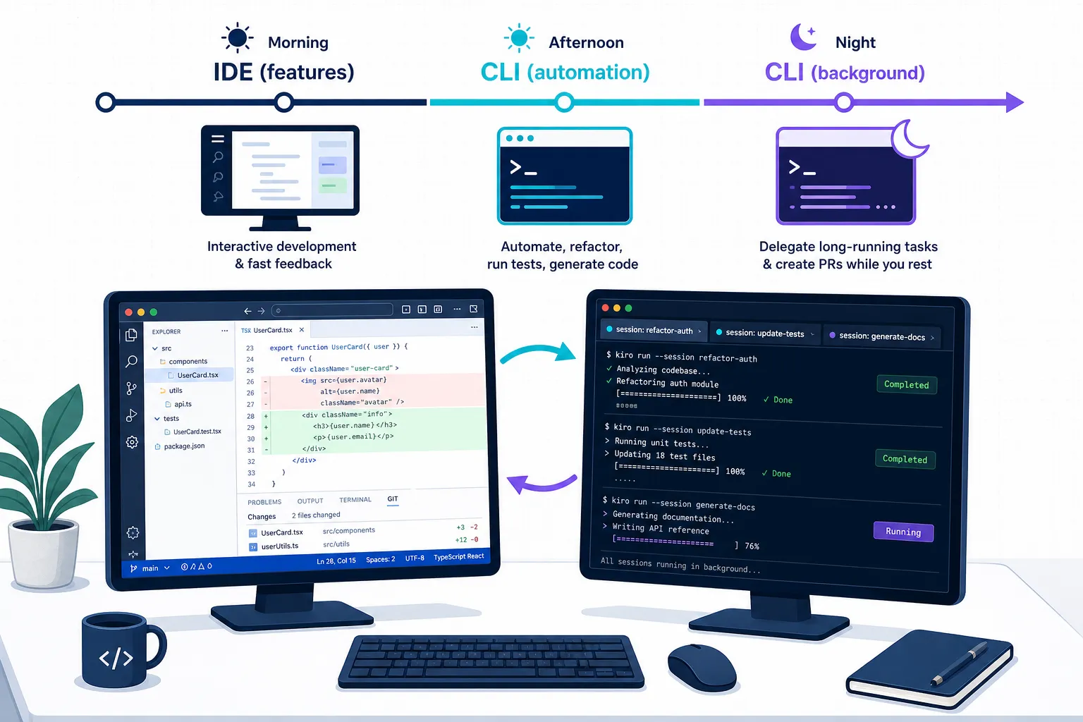 Ilustração de um workflow híbrido com IDE para trabalho interativo pela manhã e CLI para tarefas autônomas à tarde e noite